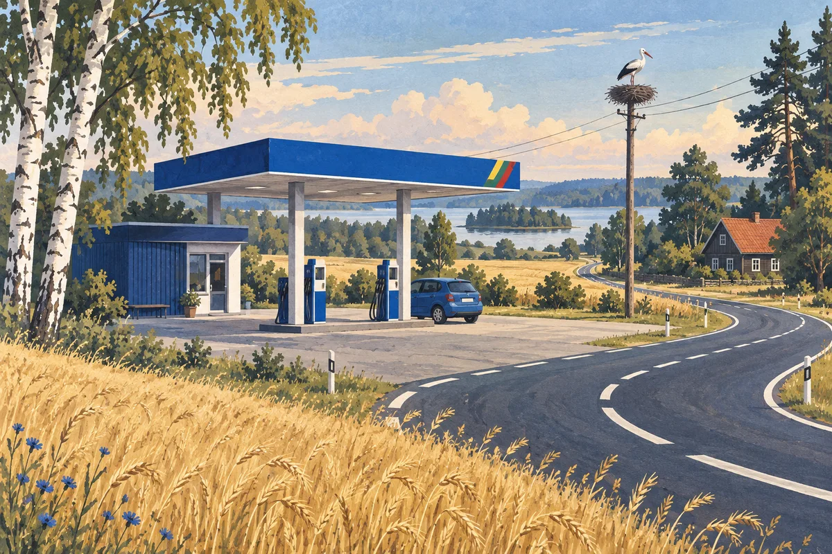 Iliustruota Lietuvos pakelė: mėlyna degalinė, rugių laukai, beržai ir gandras
